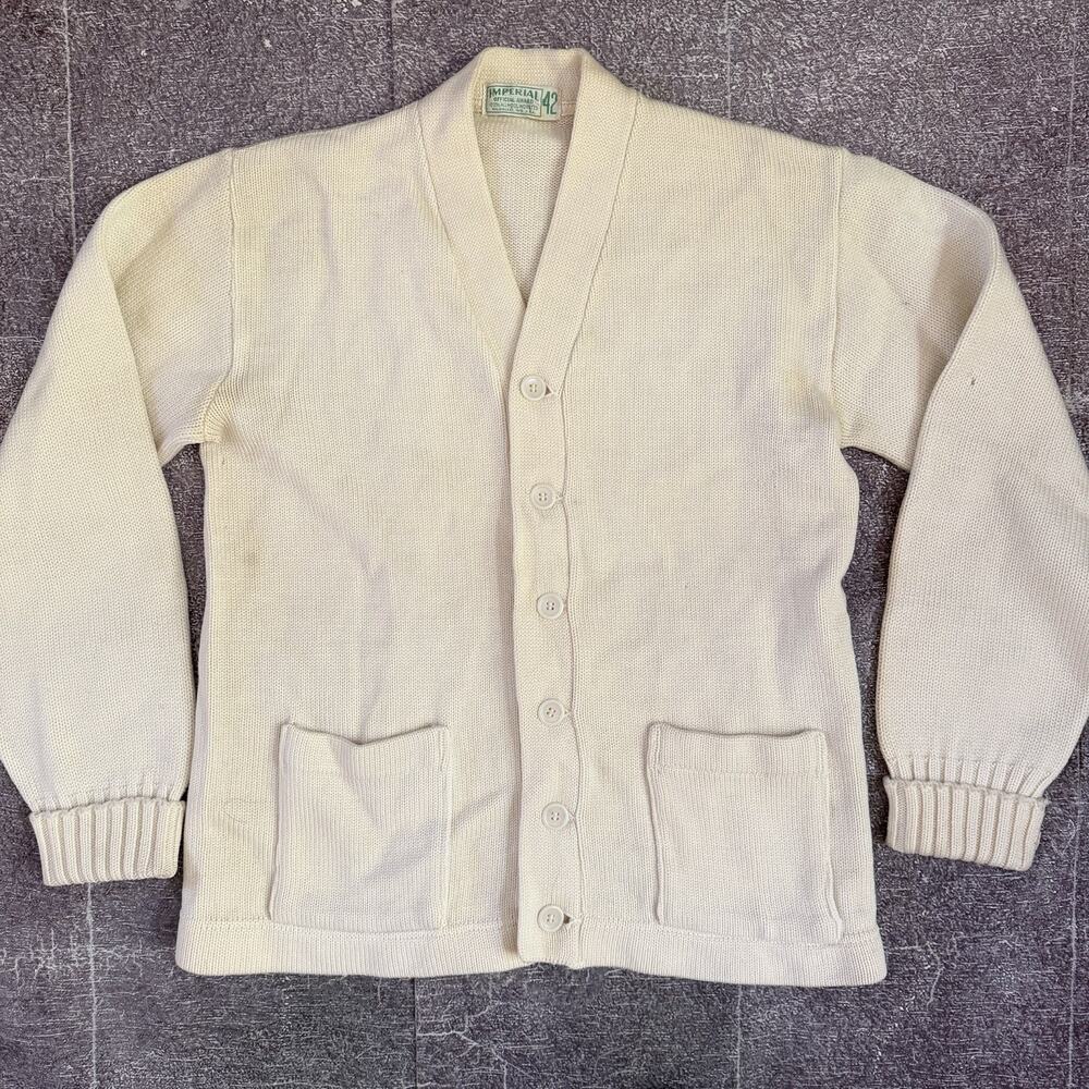 Men's Vintage 50's Imperial Off White Varsity Cardigan Button Up Sweater Sz 42